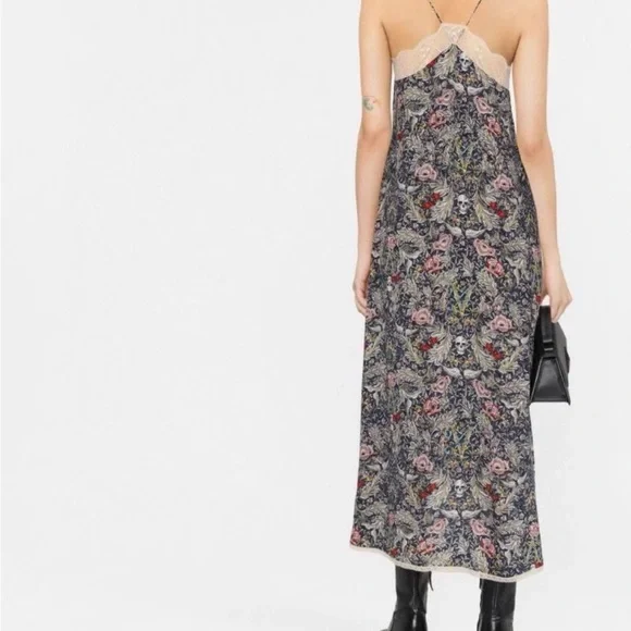 Zadig & Voltaire Rivali Lace Floral Slip Midi Dress Navy Blue Skulls Small NWOT - Picture 3 of 10